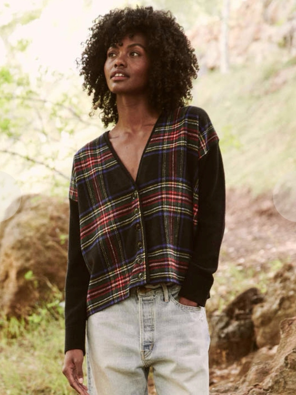 THE GREAT. The Fire Side Cardigan in Black Tartan Plaid